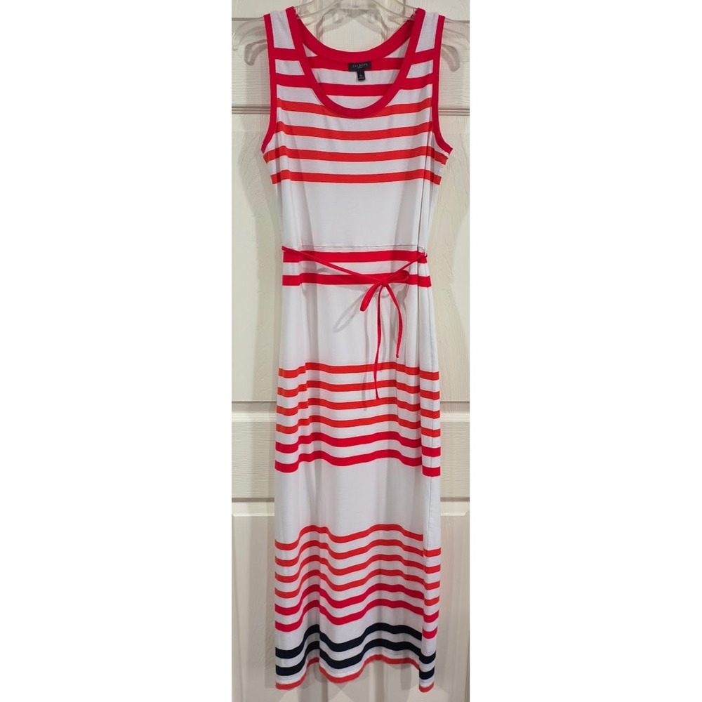 Talbots Petites Red White Striped Sleeveless Maxi Dress with Belt Size MP